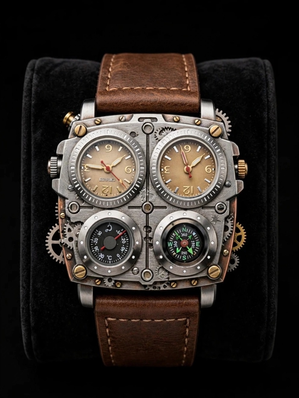 Dual-Dial Steampunk Leather Men's Watch with Compass - Brown